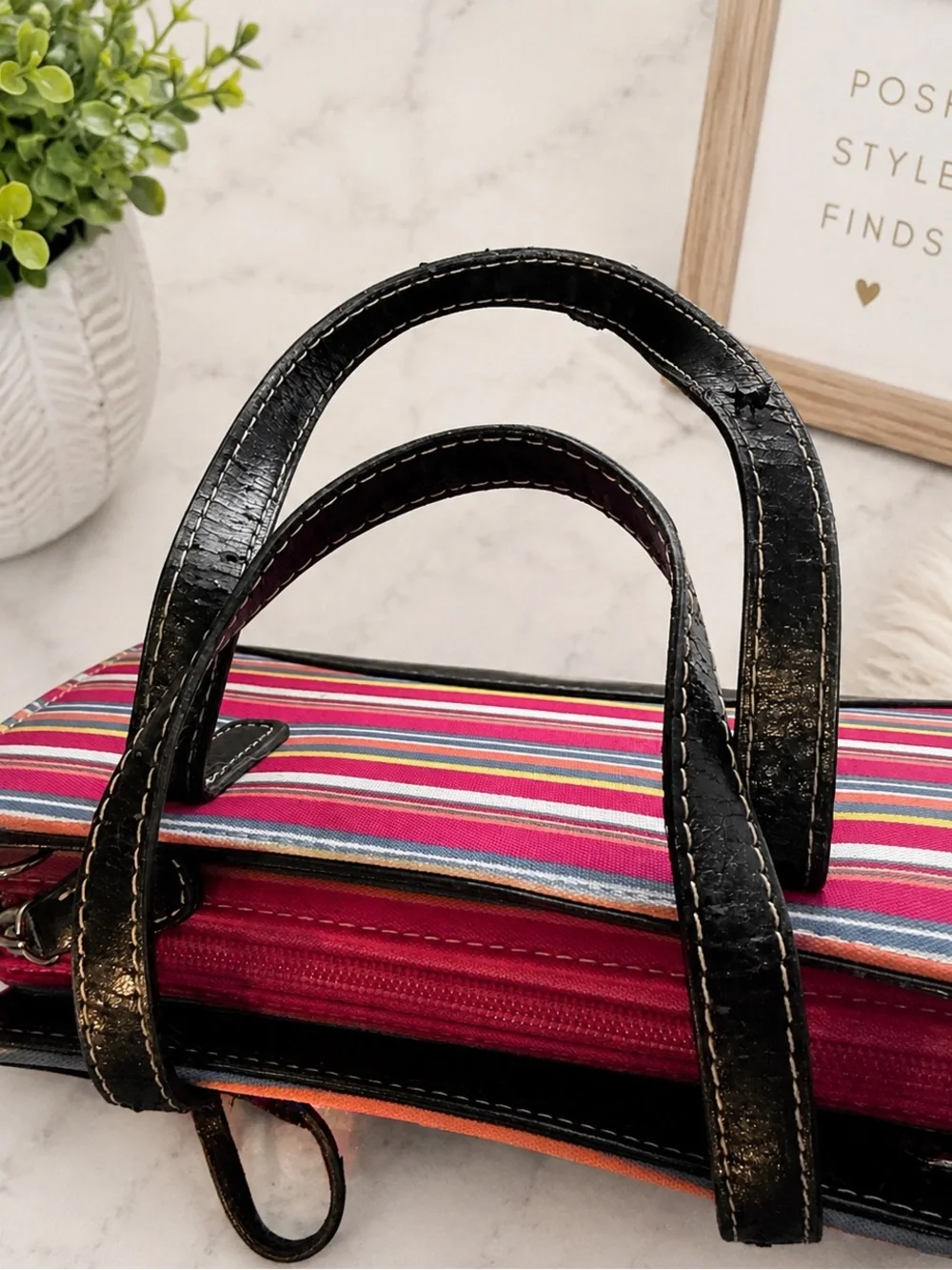 Kate Spade Striped Canvas Bow Satchel Tote Pink Black Y2K Vintage Bag
